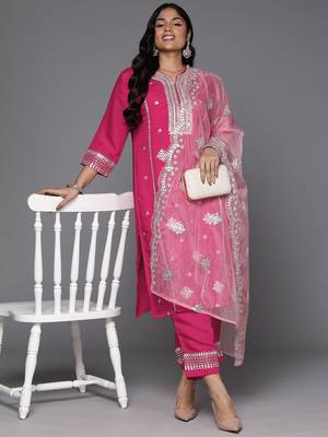 Plus Size Magenta Embroidered Straight Kurta Trousers With Dupatta Set 8