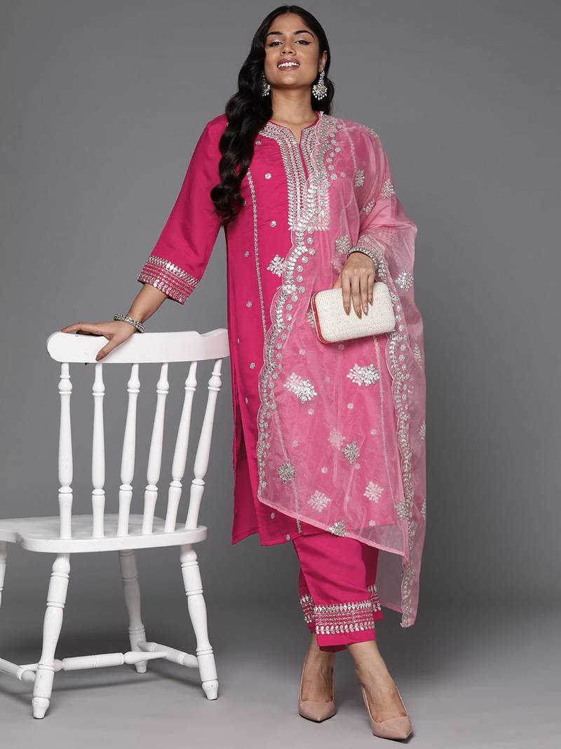 Plus Size Magenta Embroidered Straight Kurta Trousers With Dupatta Set