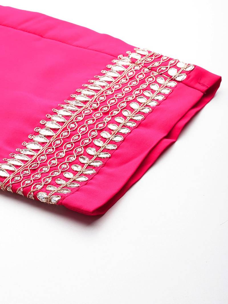 Plus Size Magenta Embroidered Straight Kurta Trousers With Dupatta Set