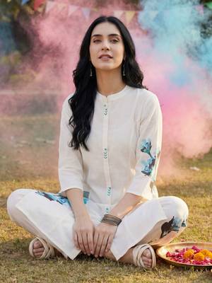 Floral Printed Mandarin Collar  Cotton A-Line Kurta With Trouser 1
