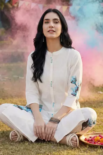 Floral Printed Mandarin Collar  Cotton A-Line Kurta With Trouser