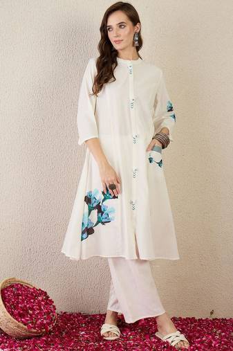 Floral Printed Mandarin Collar Cotton A-Line Kurta With Trouser