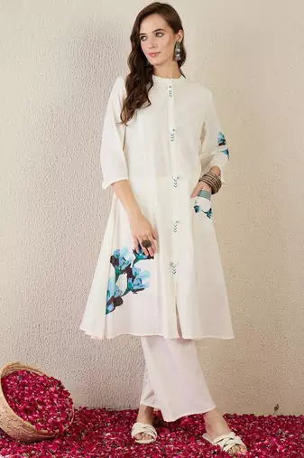 Floral Printed Mandarin Collar  Cotton A-Line Kurta With Trouser