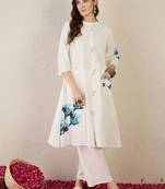 Floral Printed Mandarin Collar Cotton A-Line Kurta With Trouser