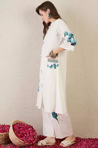 Floral Printed Mandarin Collar  Cotton A-Line Kurta With Trouser