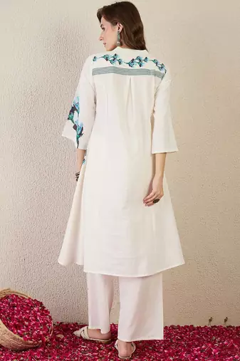 Floral Printed Mandarin Collar  Cotton A-Line Kurta With Trouser