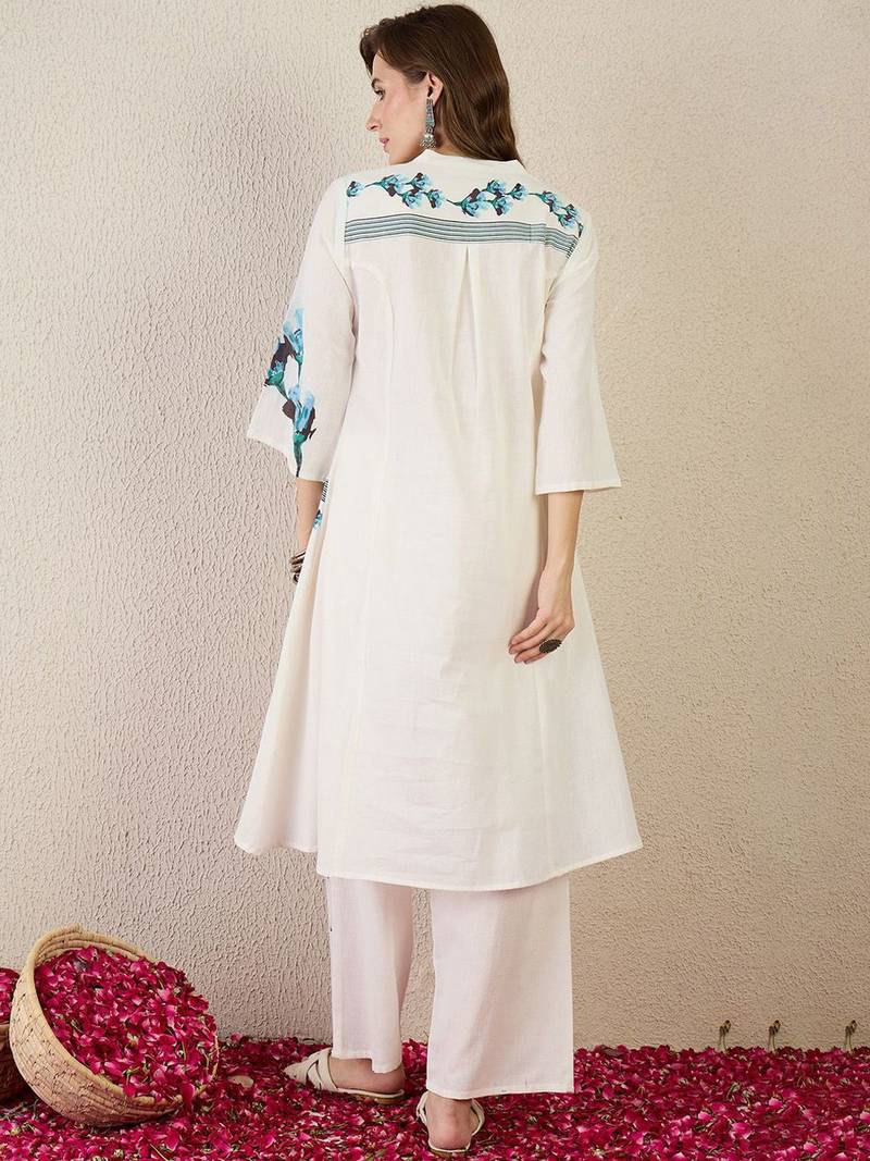 Floral Printed Mandarin Collar  Cotton A-Line Kurta With Trouser