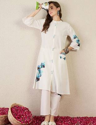 Floral Printed Mandarin Collar  Cotton A-Line Kurta With Trouser 5