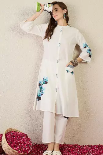 Floral Printed Mandarin Collar  Cotton A-Line Kurta With Trouser