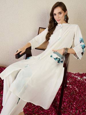 Floral Printed Mandarin Collar  Cotton A-Line Kurta With Trouser 6