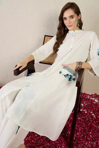 Floral Printed Mandarin Collar  Cotton A-Line Kurta With Trouser