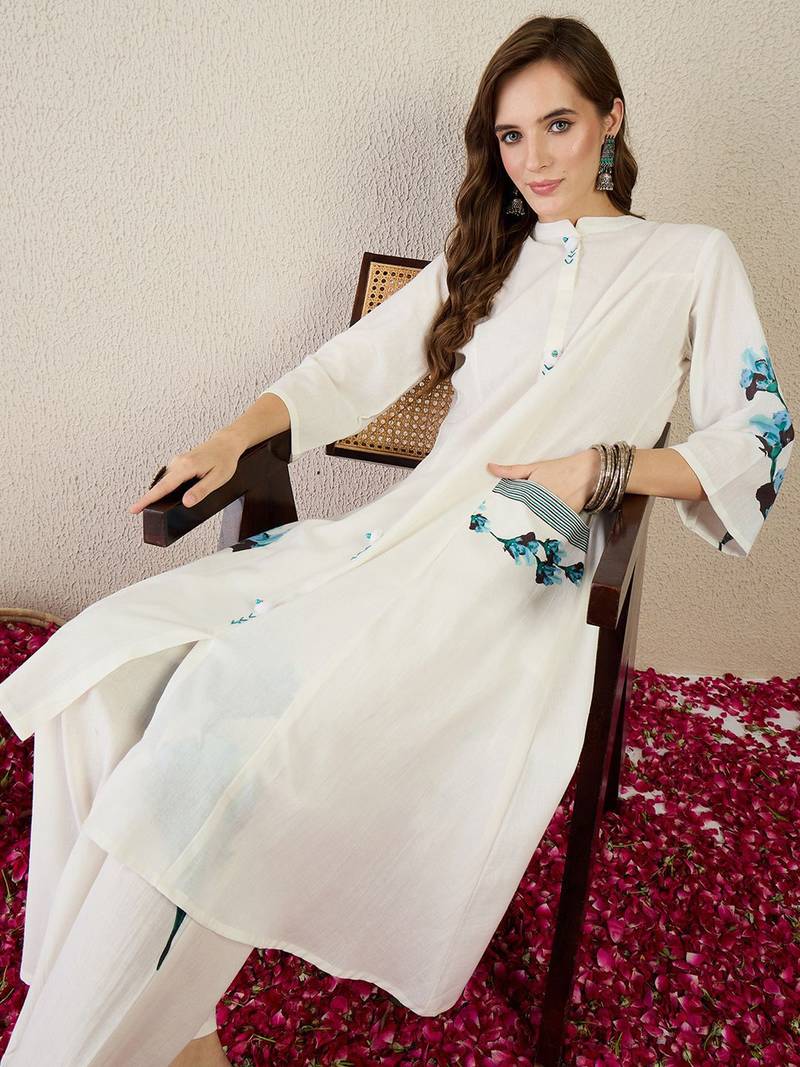 Floral Printed Mandarin Collar  Cotton A-Line Kurta With Trouser