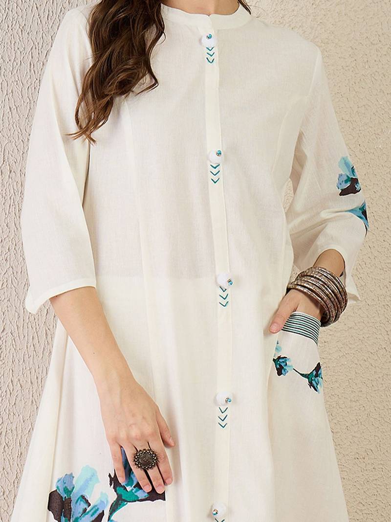 Floral Printed Mandarin Collar  Cotton A-Line Kurta With Trouser