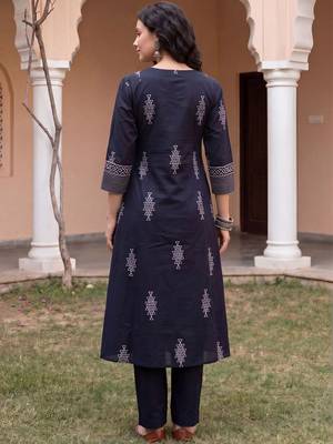 Women Printed Panelled Thread Work  Cotton Kurta with Trousers & With Dupatta 4