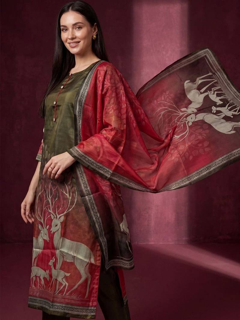Women Animal Printed Regular Kurta with Trousers & With Dupatta