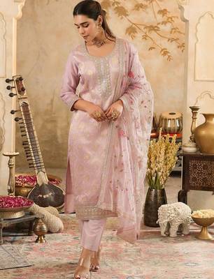 Ethnic Motifs Woven Design Zari Straight Kurta With Trousers & Dupatta 1