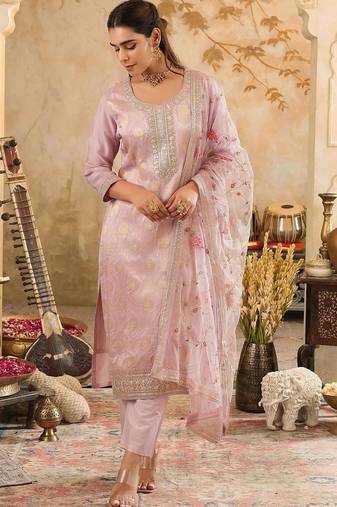 Ethnic Motifs Woven Design Zari Straight Kurta With Trousers & Dupatta
