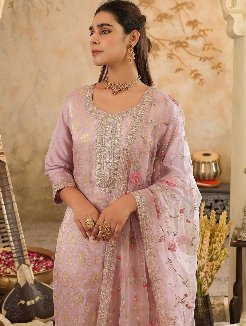 Ethnic Motifs Woven Design Zari Straight Kurta With Trousers & Dupatta