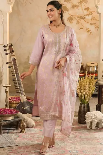 Ethnic Motifs Woven Design Zari Straight Kurta With Trousers & Dupatta