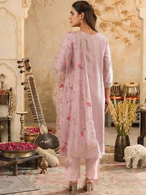 Ethnic Motifs Woven Design Zari Straight Kurta With Trousers & Dupatta 4