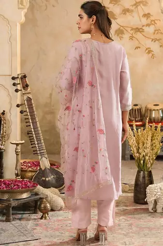 Ethnic Motifs Woven Design Zari Straight Kurta With Trousers & Dupatta