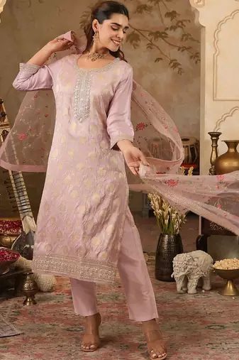 Ethnic Motifs Woven Design Zari Straight Kurta With Trousers & Dupatta