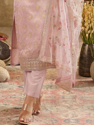 Ethnic Motifs Woven Design Zari Straight Kurta With Trousers & Dupatta 7