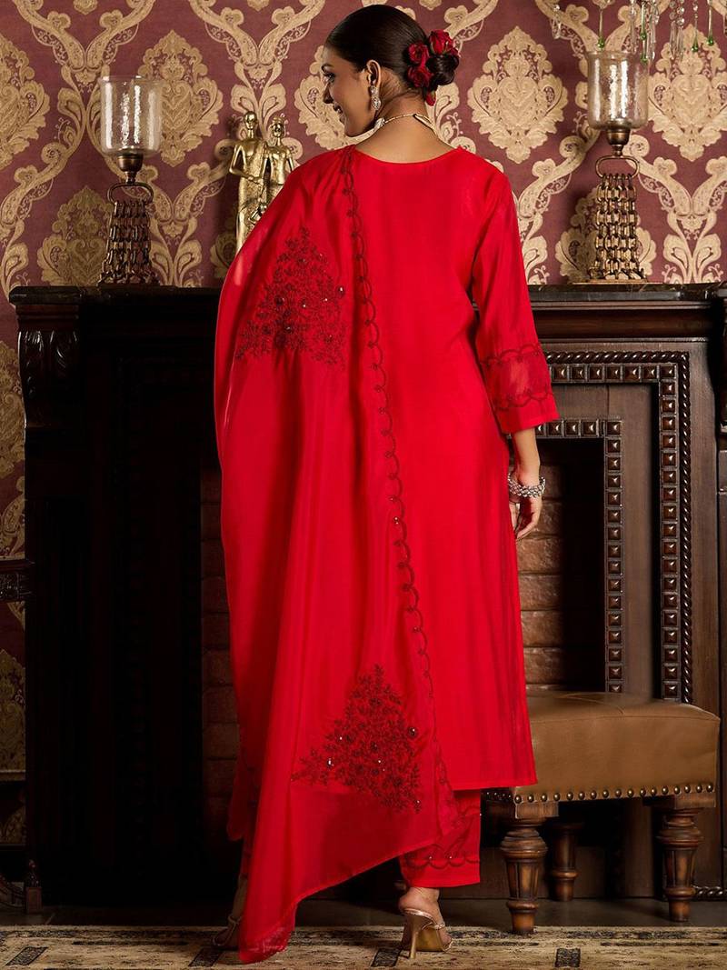 Ethnic Motifs Embroidered Sequined Straight Kurta With Trousers & Dupatta