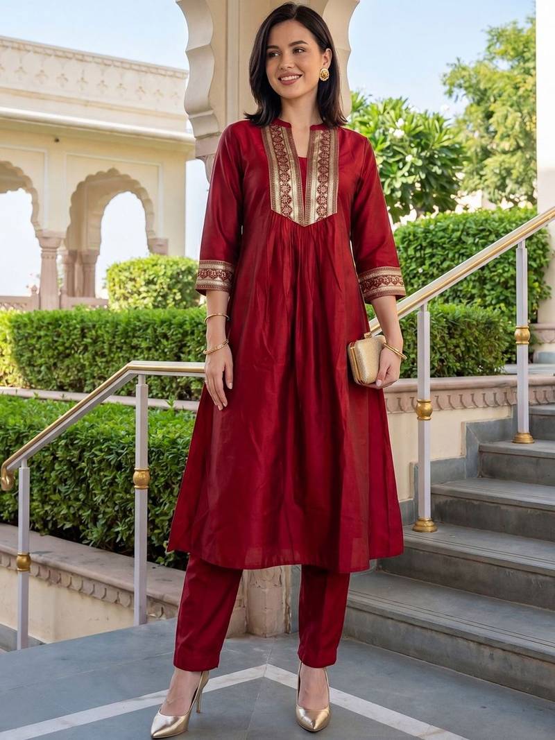 Women Ethnic Motifs Embroidered Empire Thread Work Liva Kurta with Trousers