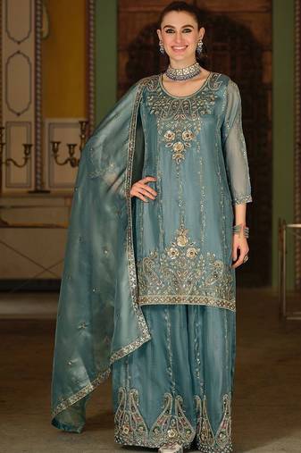 Women Paisley Embroidered Beads and Stones Kurta with Palazzos & With Dupatta