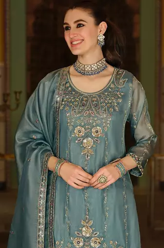 Women Paisley Embroidered Regular Beads and Stones Kurta with Palazzos & With Dupatta