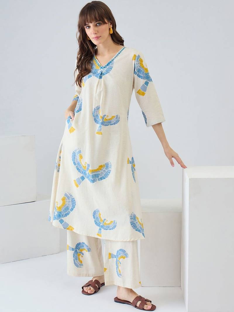 Women Ethnic Motifs Printed Regular Thread Work  Cotton Kurta with Palazzos