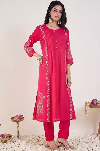 Floral Embroidered Round Neck Thread Work Straight Kurta with Trousers