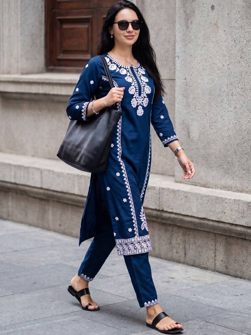 Women Ethnic Motifs Embroidered Regular Chikankari Kurta with Trousers