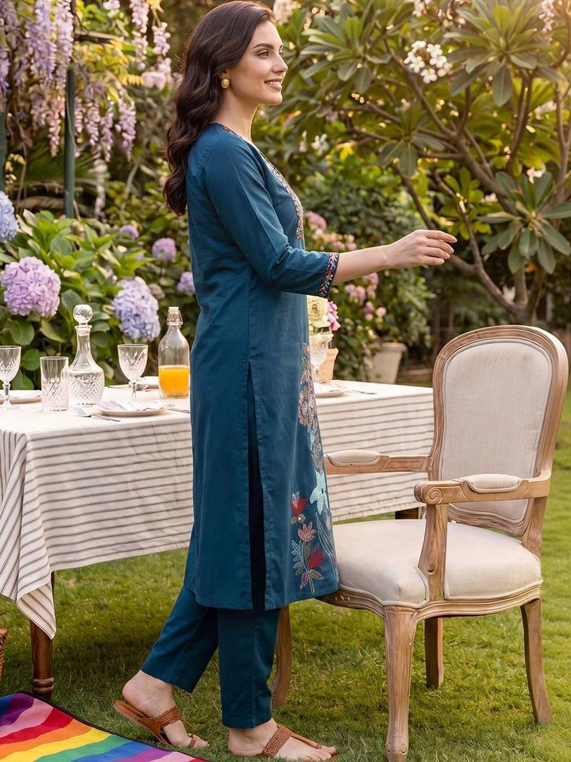 Women Floral Embroidered Regular Thread Work  Cotton Kurta with Trousers