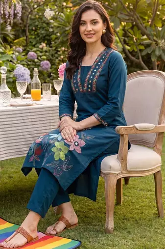 Women Floral Embroidered Regular Thread Work  Cotton Kurta with Trousers