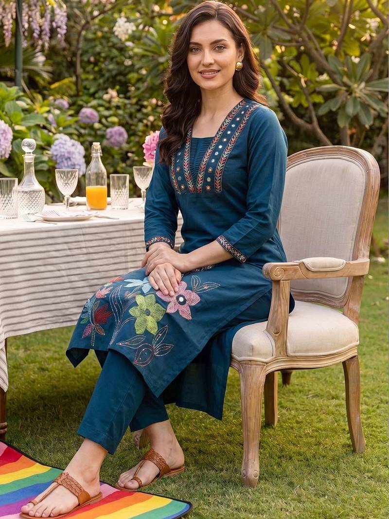 Women Floral Embroidered Regular Thread Work  Cotton Kurta with Trousers