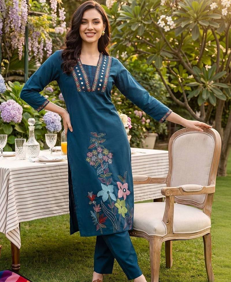 Women Floral Embroidered Regular Thread Work  Cotton Kurta with Trousers