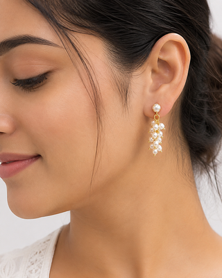 Pure natural freshwater pearl cluster drop earrings with gold-tone studs 1