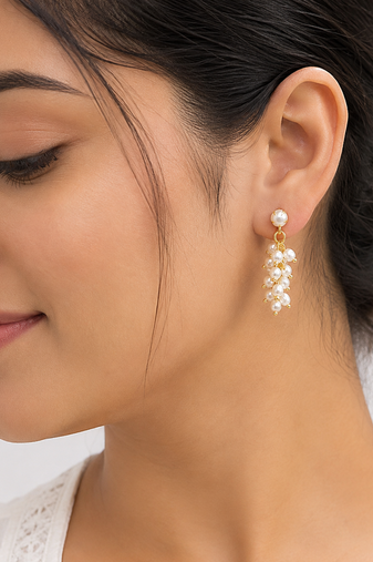 Pure natural freshwater pearl cluster drop earrings with gold-tone studs