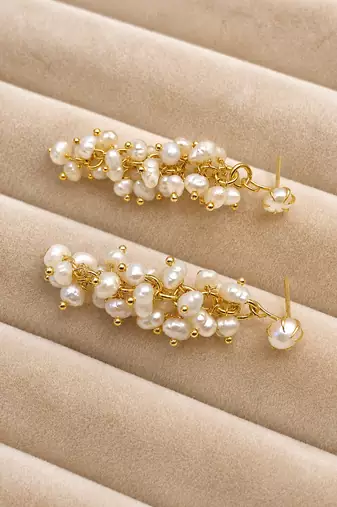 Pure natural freshwater pearl cluster drop earrings with gold-tone studs