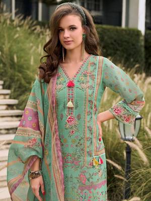 Floral Printed Sequinned Linen Kurta With Trousers And Dupatta 1