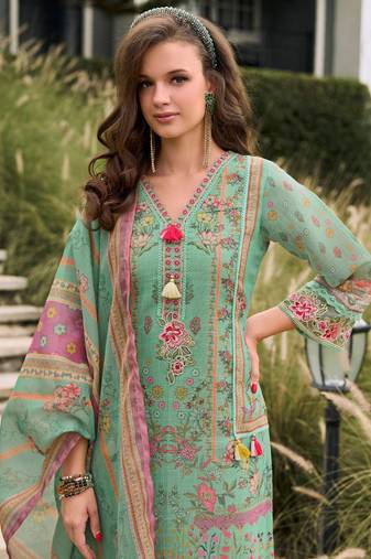 Floral Printed Sequinned Linen Kurta With Trousers And Dupatta