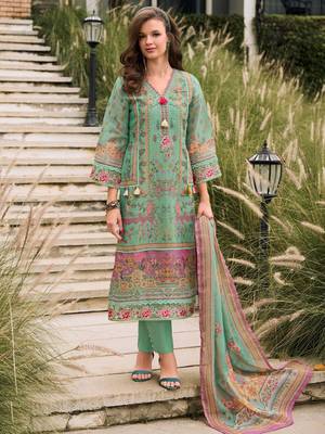 Floral Printed Sequinned Linen Kurta With Trousers And Dupatta 2