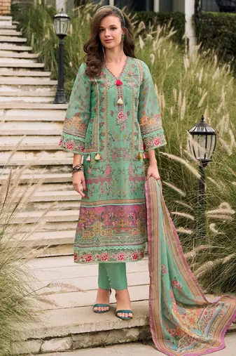 Floral Printed Sequinned Linen Kurta With Trousers And Dupatta
