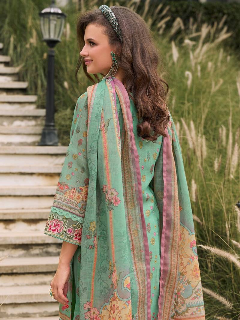 Floral Printed Sequinned Linen Kurta With Trousers And Dupatta