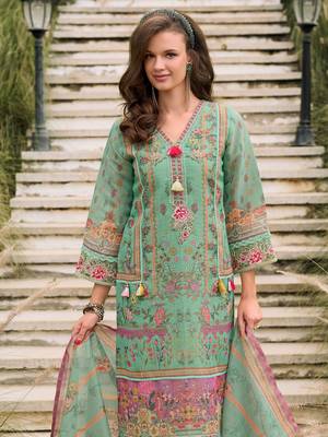 Floral Printed Sequinned Linen Kurta With Trousers And Dupatta 5