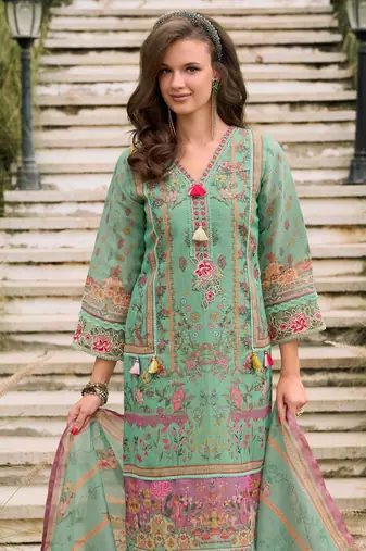 Floral Printed Sequinned Linen Kurta With Trousers And Dupatta