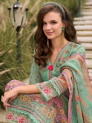 Floral Printed Sequinned Linen Kurta With Trousers And Dupatta 6