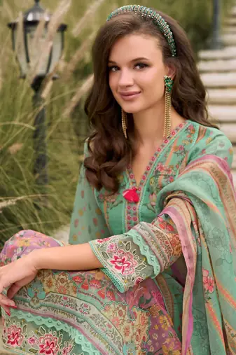 Floral Printed Sequinned Linen Kurta With Trousers And Dupatta